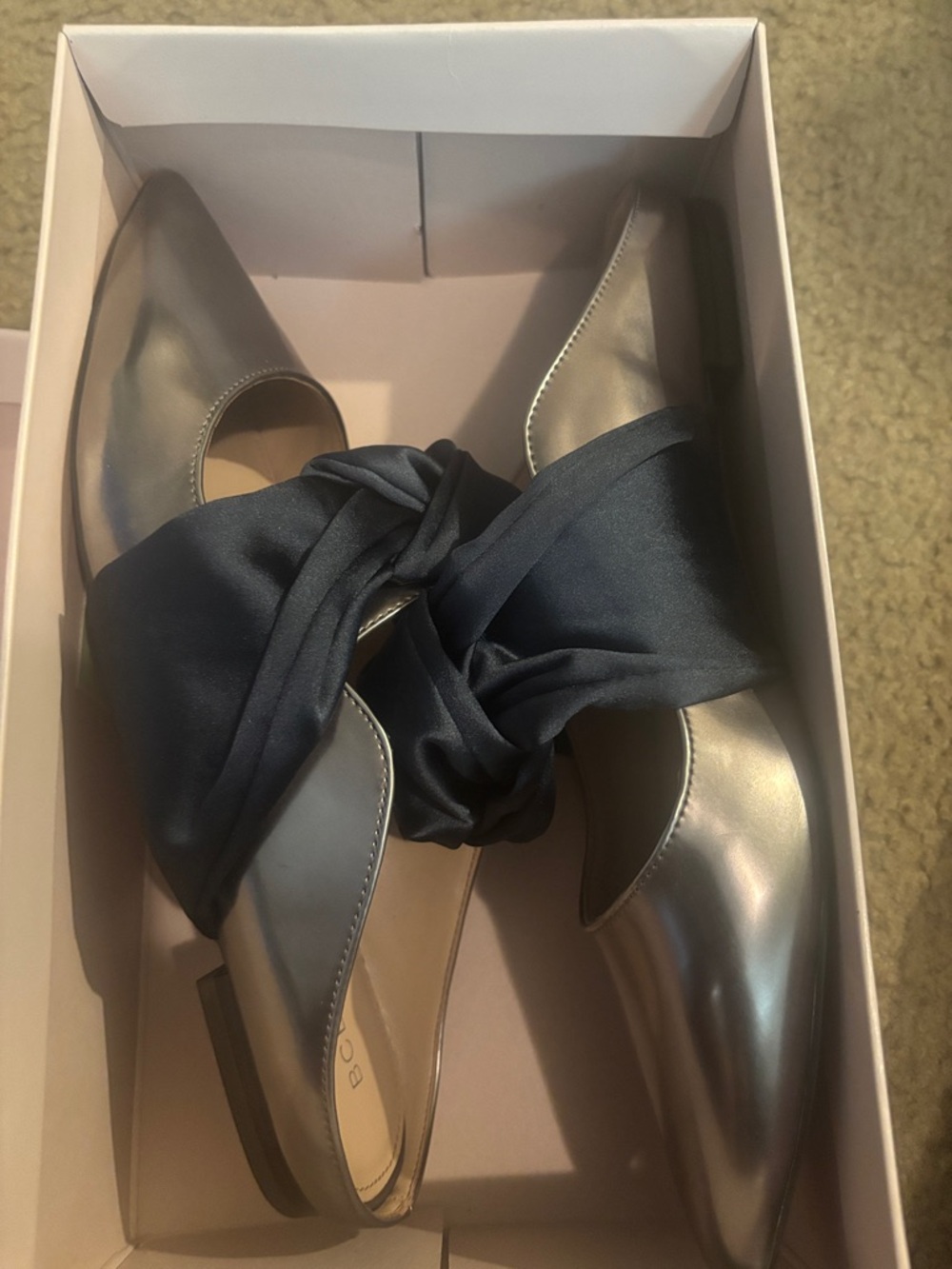 BCBGeneration Metallic Silver Pointed Flats with Navy Bow Accent